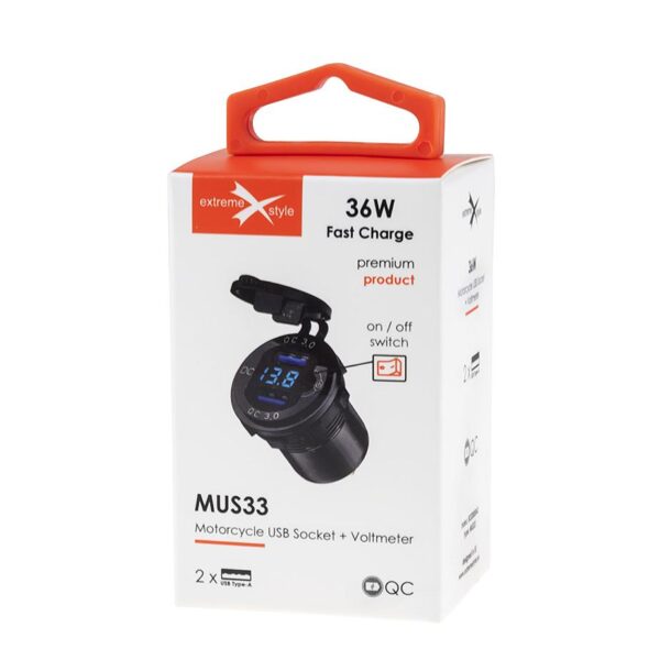 Motorcycle socket 2 x USB QC 3.0 - eXtremestyle® - 36 W - MUS33