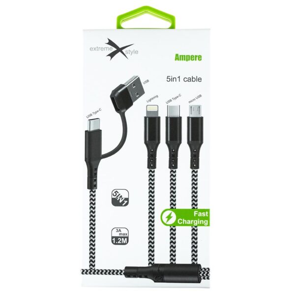 Wzmocniony kabel Ampere 5w1 - eXtremestyle® - 1.2 m - czarny