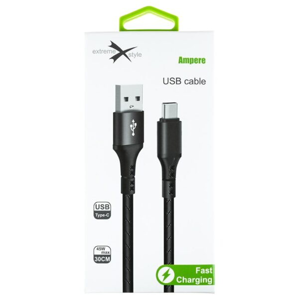 Wzmocniony kabel Ampere USB - USB typ-C - eXtremestyle® - 0.3 m - czarny