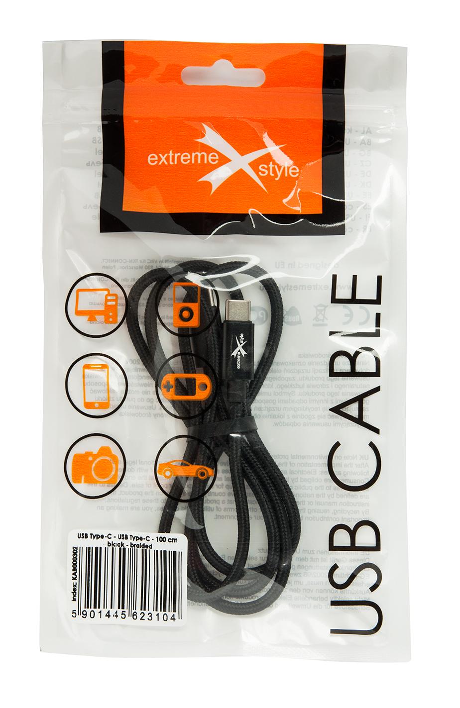 Kabel pleciony USB Typ-C - USB Typ-C - eXtreme® - 100 cm - czarny