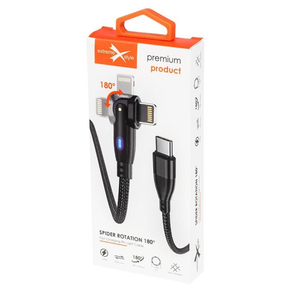 Wzmocniony kabel pleciony Spider ROTATION - 180 - 27 W - USB typ-C - iPhone Lightning - 1 m - czarny