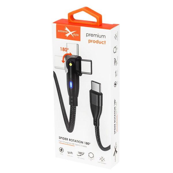 Wzmocniony kabel pleciony Spider ROTATION - 180 - 60 W - USB typ-C - USB typ-C - 1 m - czarny