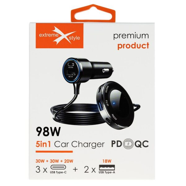 Car charger 3 x USB Typ-C + 2 x USB - eXtremestyle® - 98 W - CC98CCCUU
