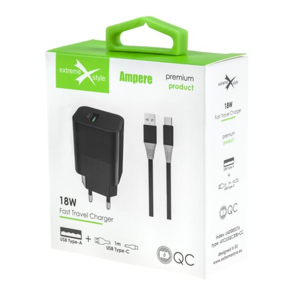 Ładowarka sieciowa - eXtreme® Ampere - FAST QC 3.0 + kabel USB Typ-C - 18W - ATCU3QC30B+CC