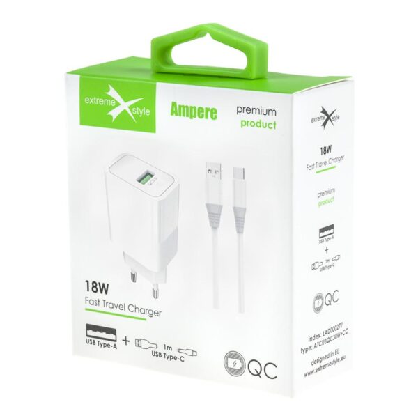 Travel charger - eXtreme® Ampere - FAST QC 3.0 + cable USB Type-C - 18W - ATCU3QC30W+CC