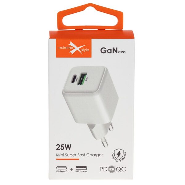 Travel charger USB Type-C + USB - eXtremestyle® - GaN evo - 25 W - TC25CUGAN