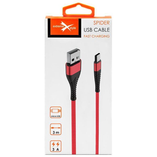 Braided cable eXtreme® Spider USB - micro USB 3 m - red