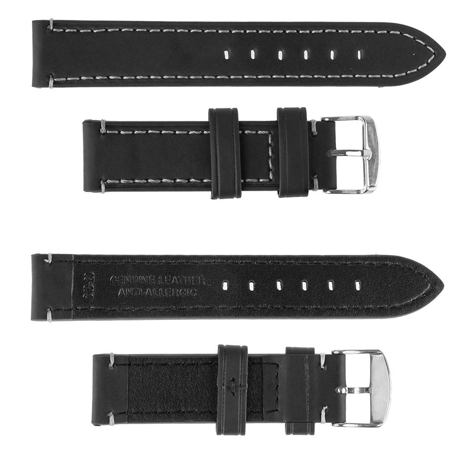 Pasek skórzany C18 - czarny - biała nić - 18 mm