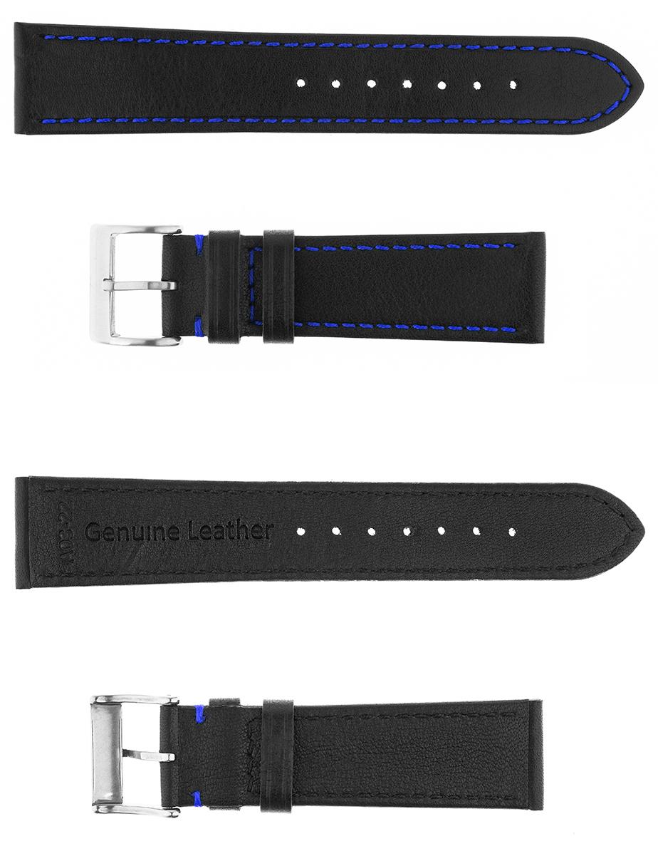 Pasek skórzany Premium A02-22 - czarny - granatowa nić - 22 mm