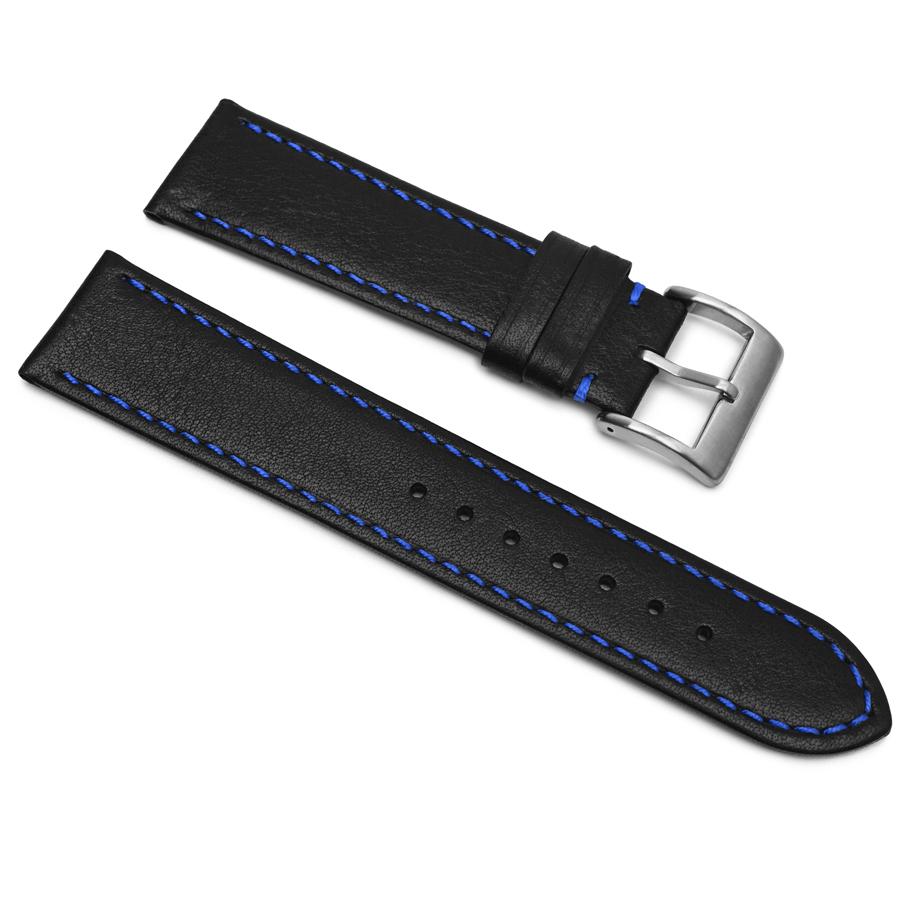 Pasek skórzany Premium A02-22 - czarny - granatowa nić - 22 mm