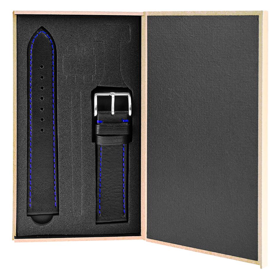 Pasek skórzany Premium A02-22 - czarny - granatowa nić - 22 mm