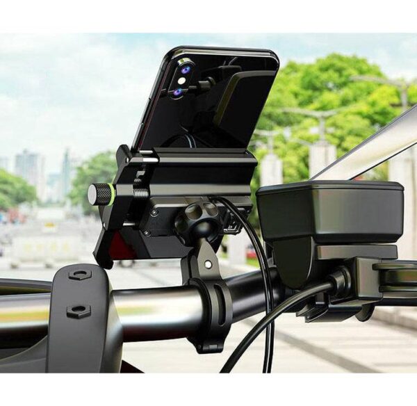 Uchwyt motocyklowy z ładowarką do telefonu - R10-metal USB QC - czarny