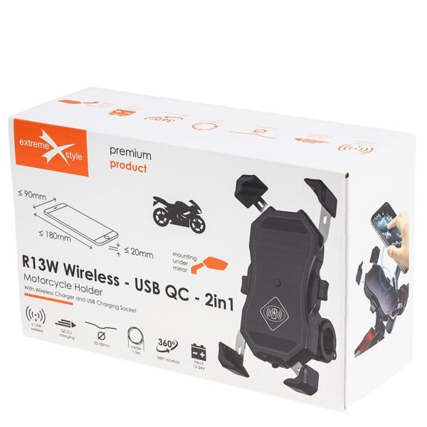 Motorcycle holder type:R13W-metal Wireless - USB QC - 2in1