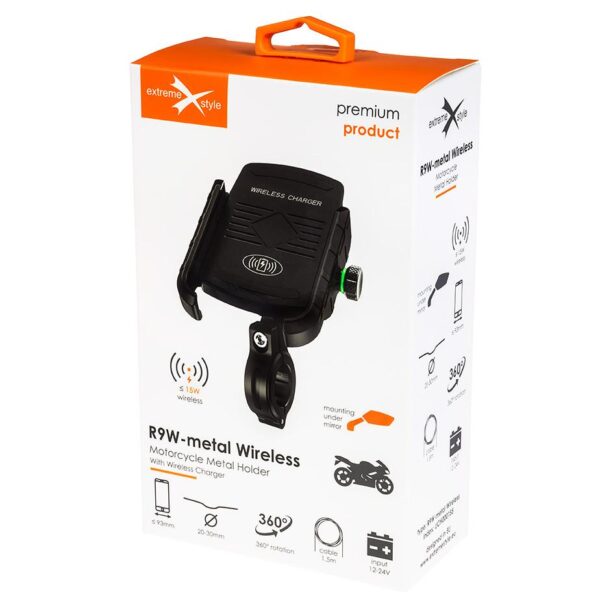 Uchwyt motocyklowy z ładowarką do telefonu - R9W-metal Wireless