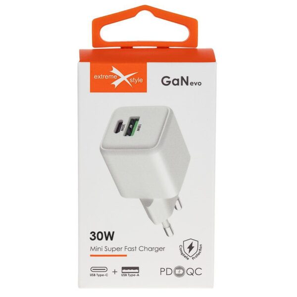 Travel charger USB Type-C + USB - eXtremestyle® - GaN evo - 30 W - TC30CUGAN