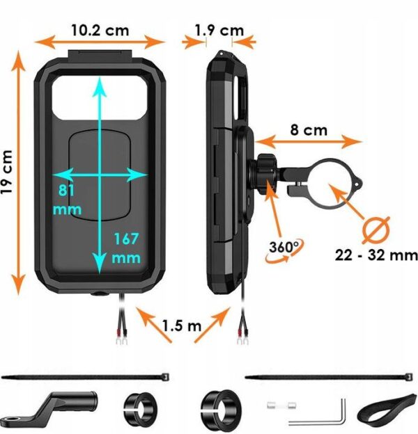 Uchwyt motocyklowy z etui na telefon i ładowarkami - 167-HARD-W-PD