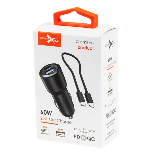USB Car Charger Type C + USB - eXtremestyle® - 60W - CC60CU