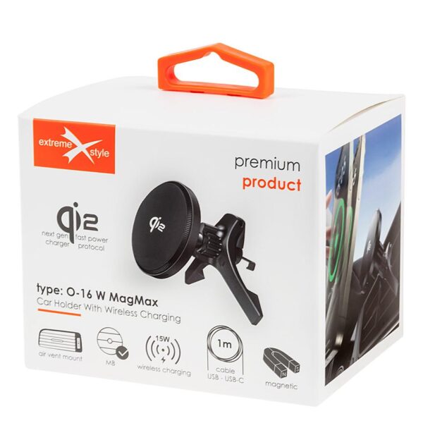 Car holder PREMIUM with wireless charging eXtreme® - type:O-16 W MagMax Qi2